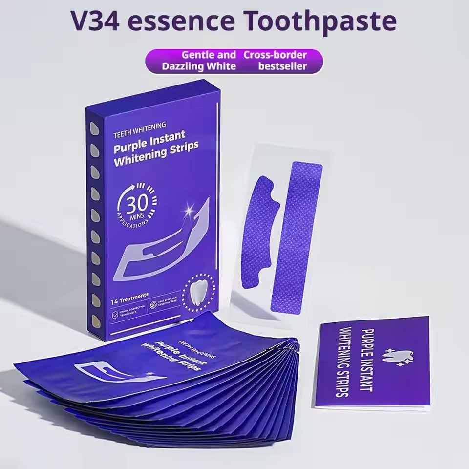 V34 7 Pairs Purple Teeth Whitening Strip Instant Brightening Formula - Image 4